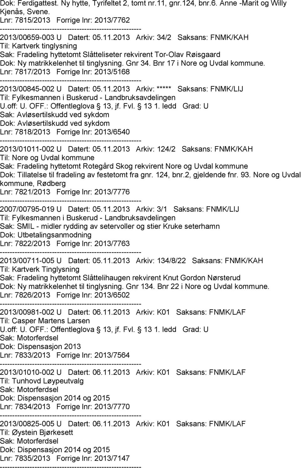 2013 Arkiv: 34/2 Saksans: FNMK/KAH Til: Kartverk tinglysning Sak: Fradeling hyttetomt Slåtteliseter rekvirent Tor-Olav Røisgaard Dok: Ny matrikkelenhet til tinglysning. Gnr 34.