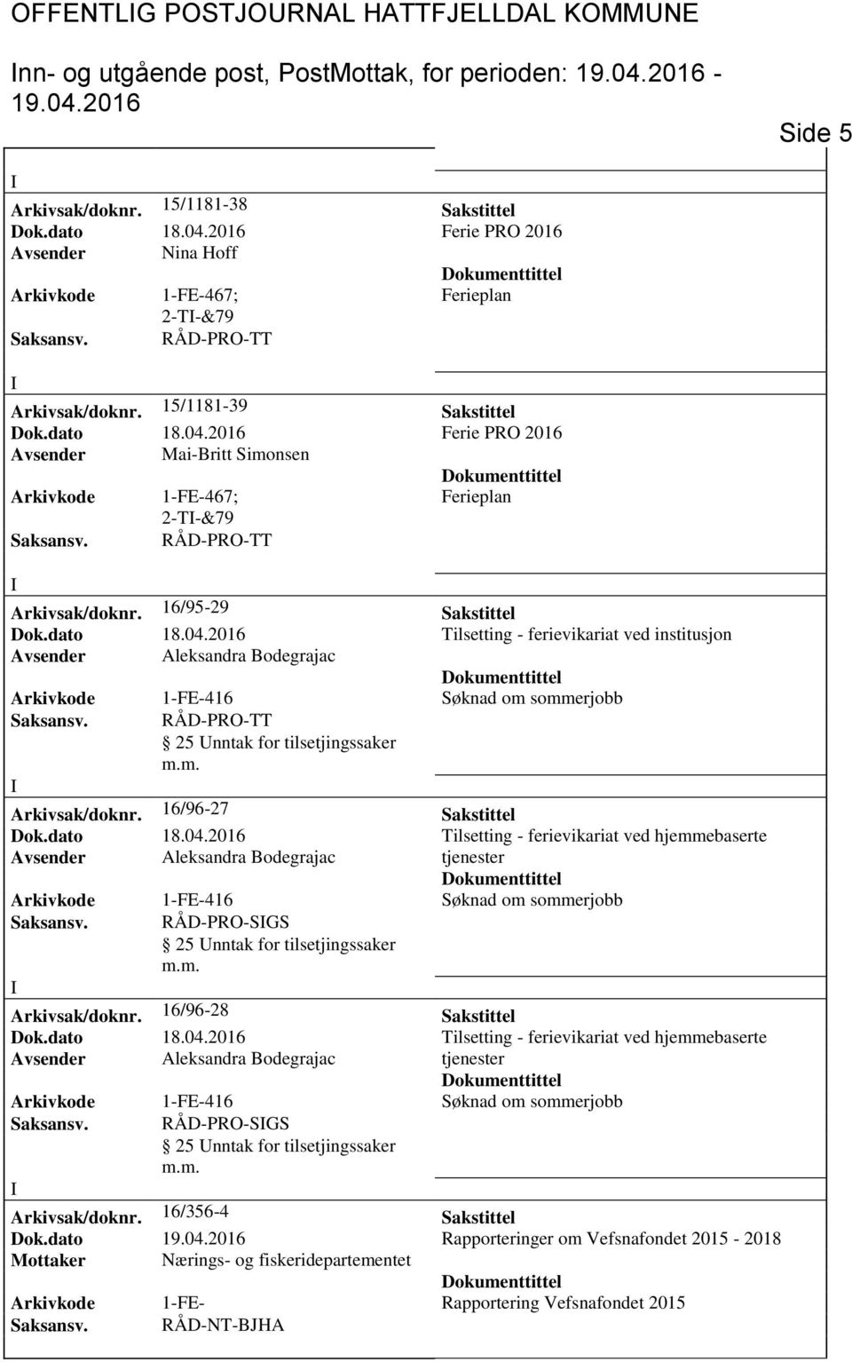 2016 Ferie PRO 2016 Avsender Mai-Britt Simonsen Arkivkode 1-FE-467; Ferieplan 2-T-&79 Arkivsak/doknr. 16/95-29 Sakstittel Dok.dato 18.04.