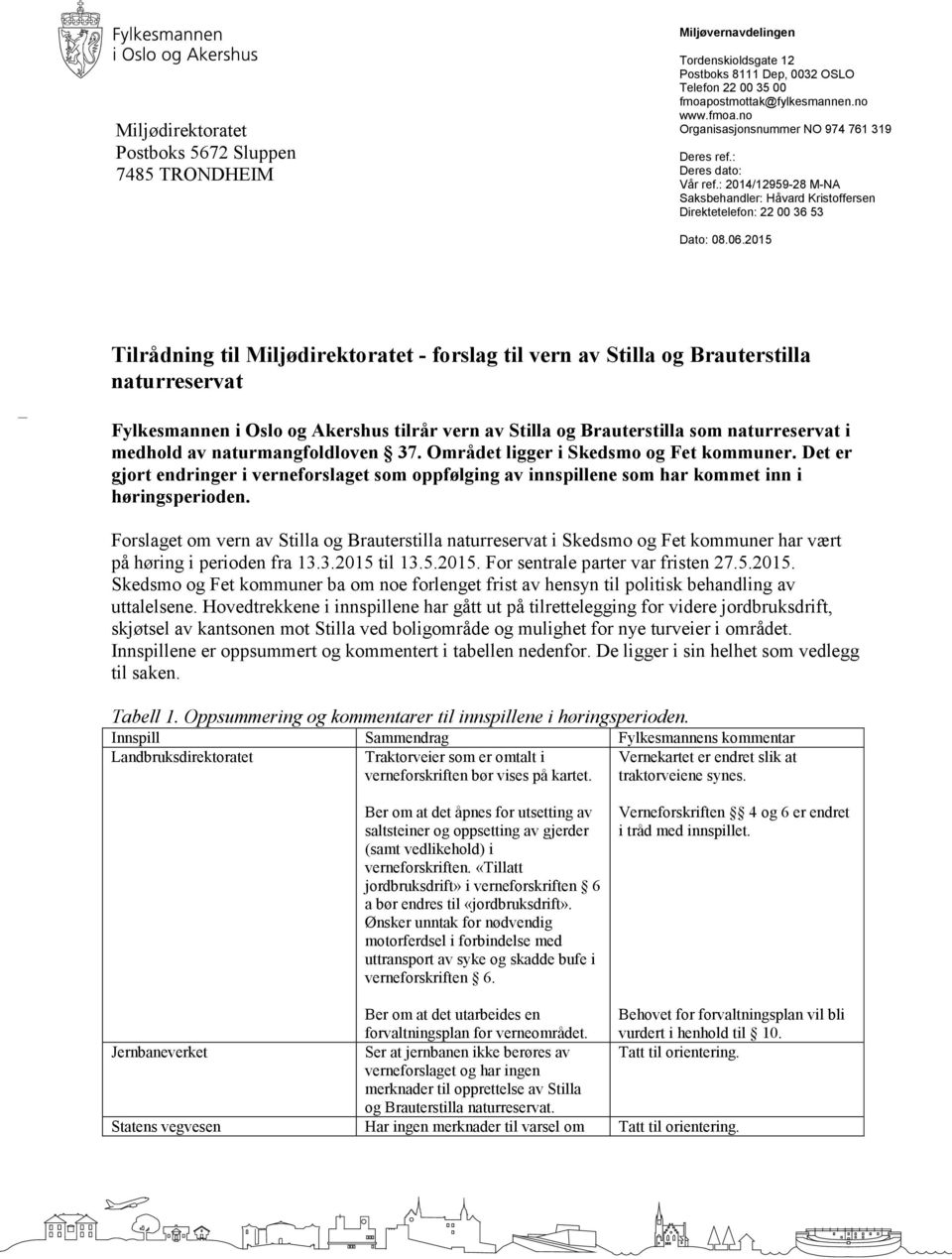 2015 Tilrådning til Miljødirektoratet - forslag til vern av Stilla og Brauterstilla naturreservat Fylkesmannen i Oslo og Akershus tilrår vern av Stilla og Brauterstilla som naturreservat i medhold av