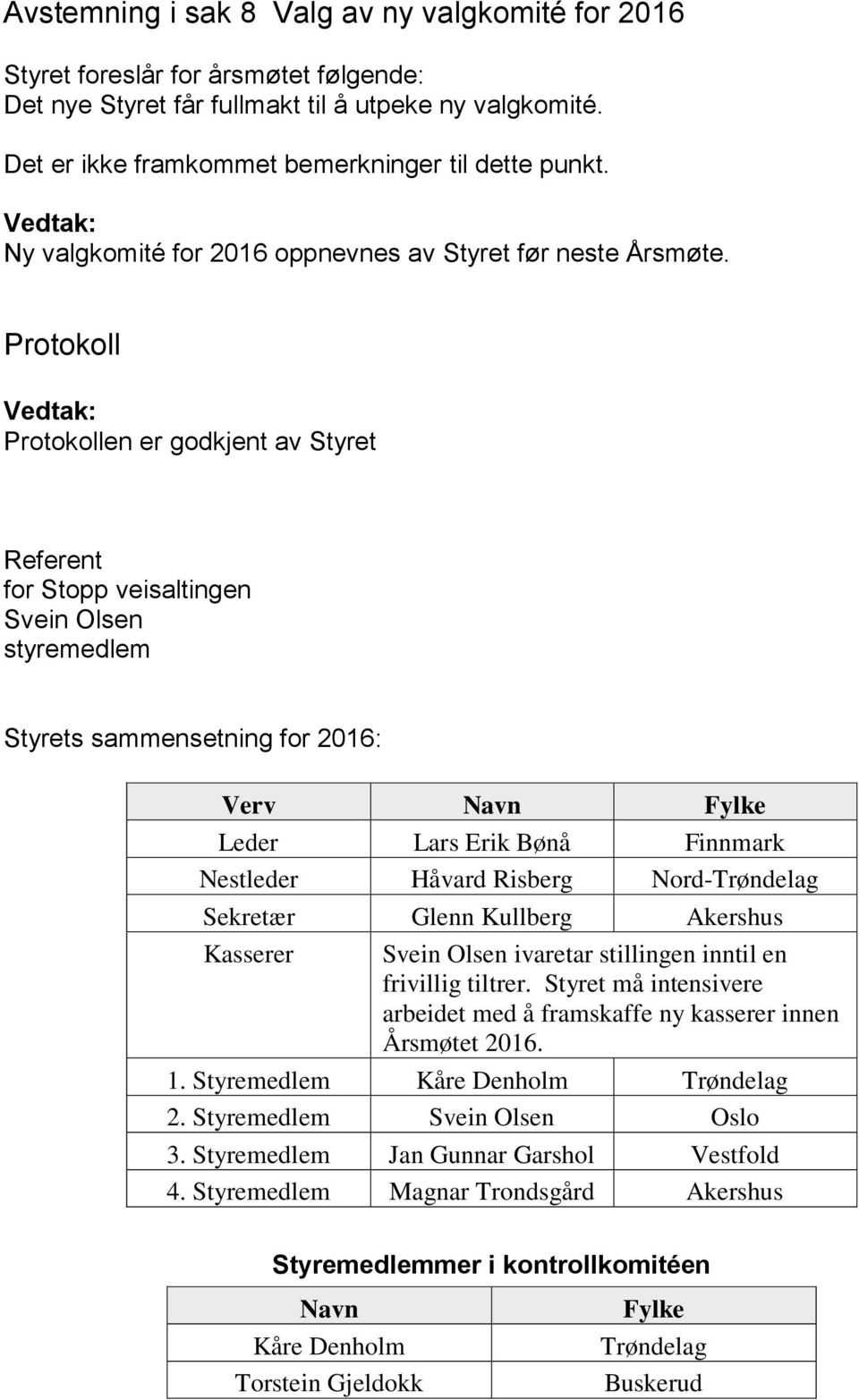 Protokoll Protokollen er godkjent av Styret Referent for Stopp veisaltingen Svein Olsen styremedlem Styrets sammensetning for 2016: Verv Navn Fylke Leder Lars Erik Bønå Finnmark Nestleder Håvard