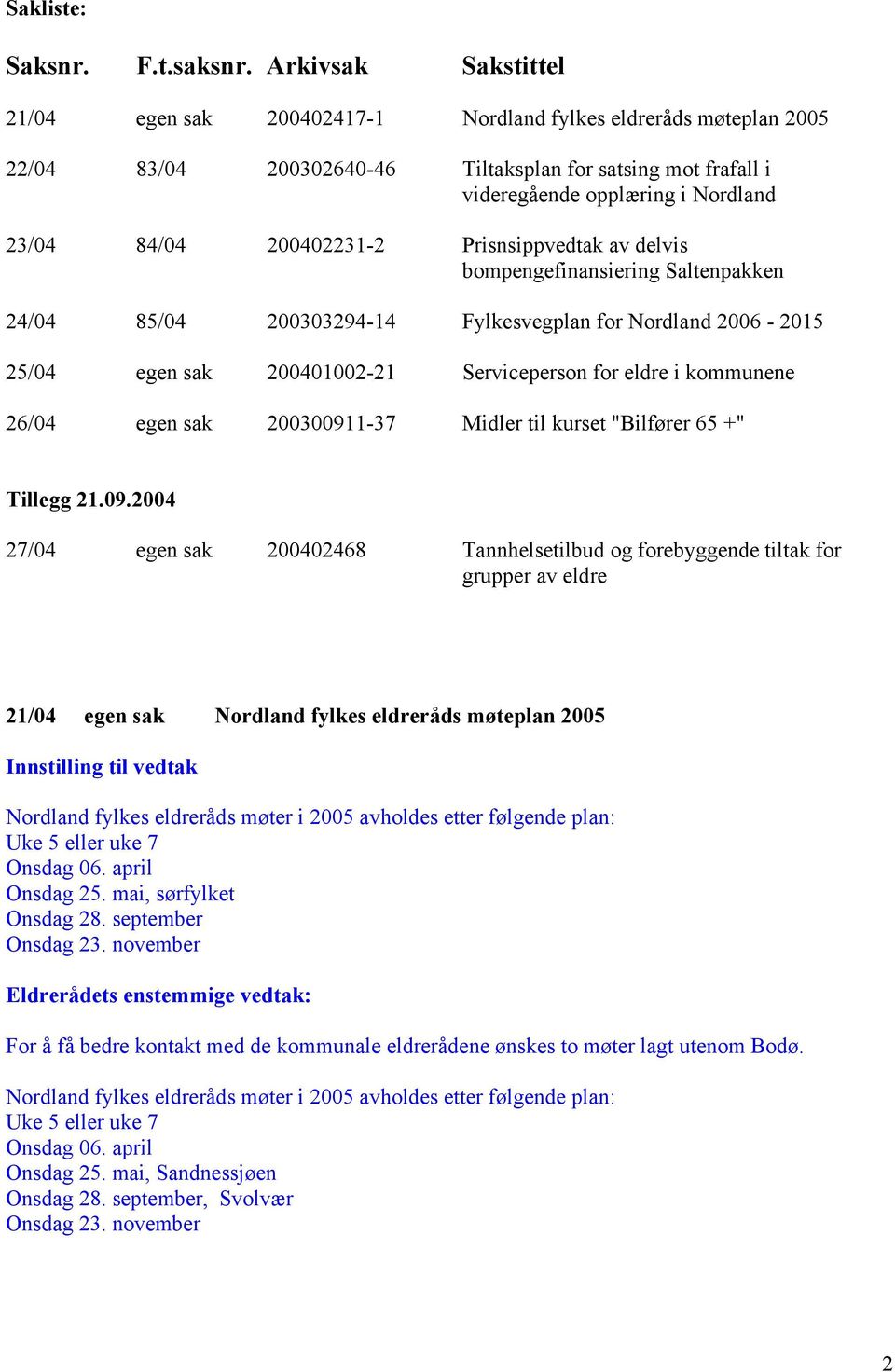 200402231-2 Prisnsippvedtak av delvis bompengefinansiering Saltenpakken 24/04 85/04 200303294-14 Fylkesvegplan for Nordland 2006-2015 25/04 egen sak 200401002-21 Serviceperson for eldre i kommunene