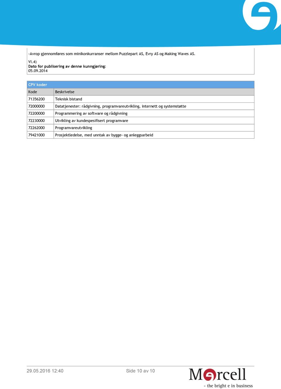 2014 CPV koder Kode Beskrivelse 71356200 Teknisk bistand 72000000 Datatjenester: rådgivning, programvareutvikling,