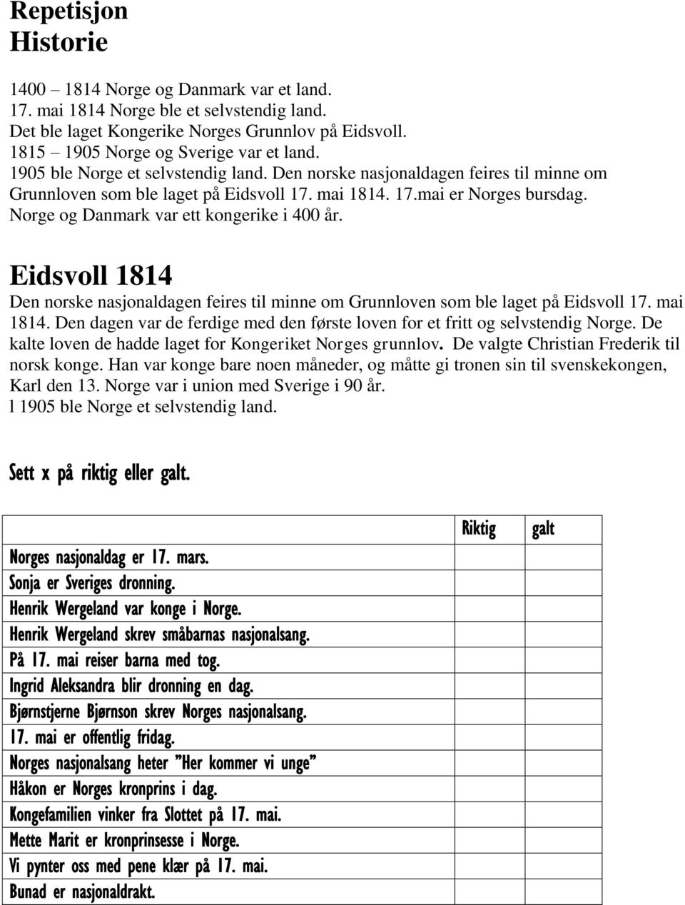 Norge og Danmark var ett kongerike i 400 år. Eidsvoll 1814 Den norske nasjonaldagen feires til minne om Grunnloven som ble laget på Eidsvoll 17. mai 1814.