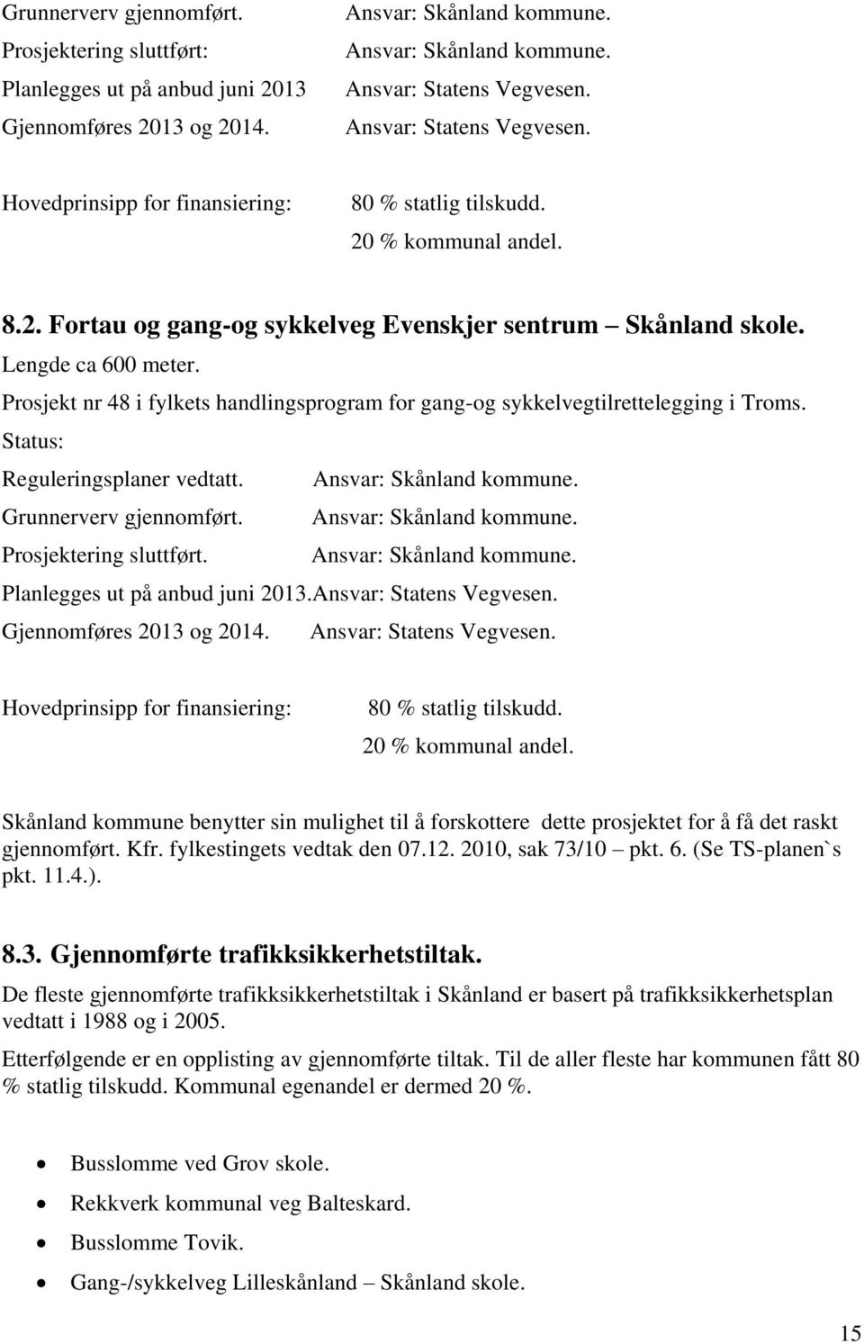 Prosjekt nr 48 i fylkets handlingsprogram for gang-og sykkelvegtilrettelegging i Troms. Status: Reguleringsplaner vedtatt. Ansvar: Skånland kommune. Grunnerverv gjennomført. Ansvar: Skånland kommune. Prosjektering sluttført.