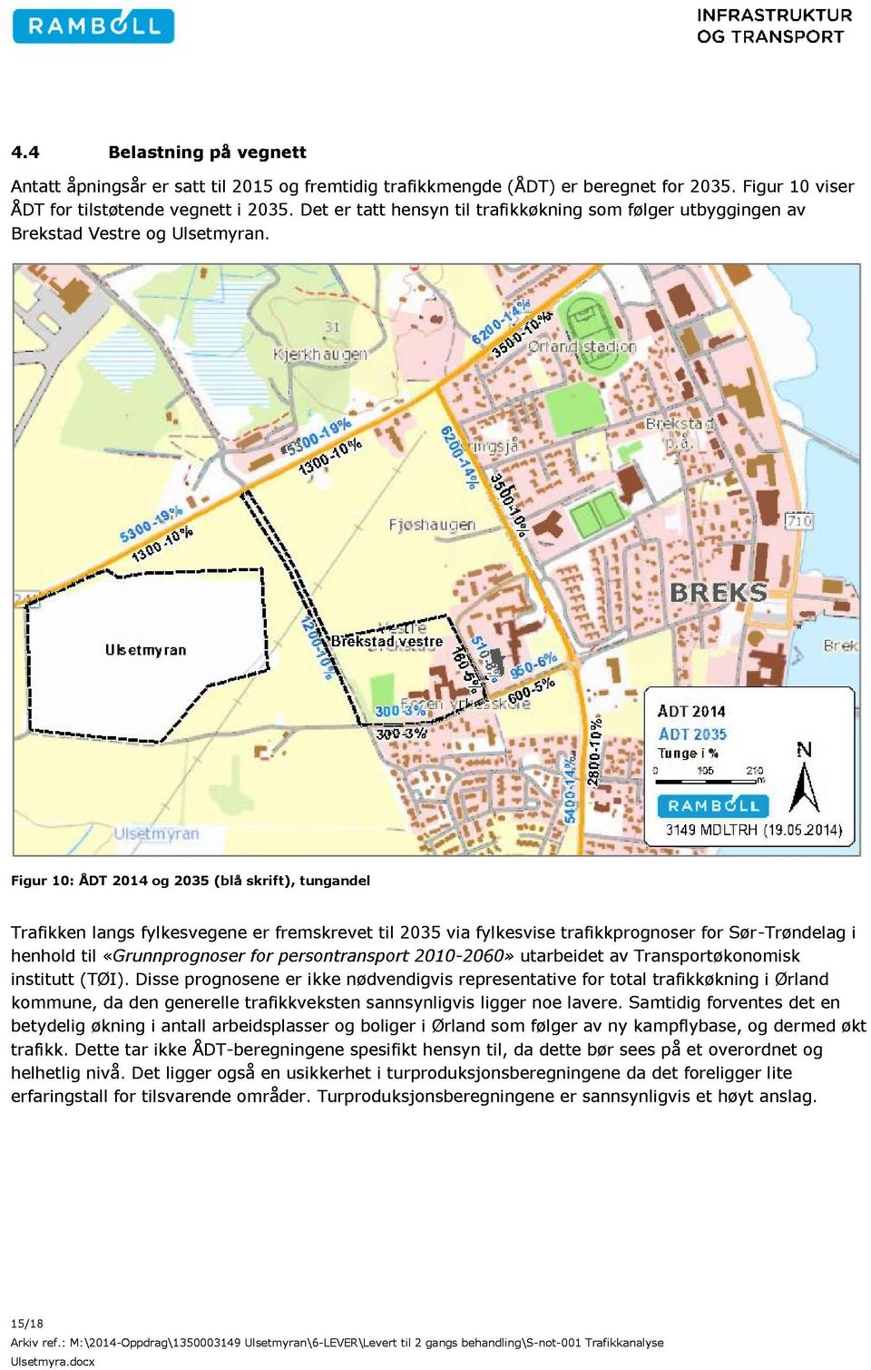 Figur 10 : ÅDT 2014 og 2035 (blå skrift), tungandel Trafikken langs fylkesvegene er fremskrevet til 2035 via fylkesvise trafikkprognoser for Sør - Trøndelag i henhold til «Grunnprognoser for