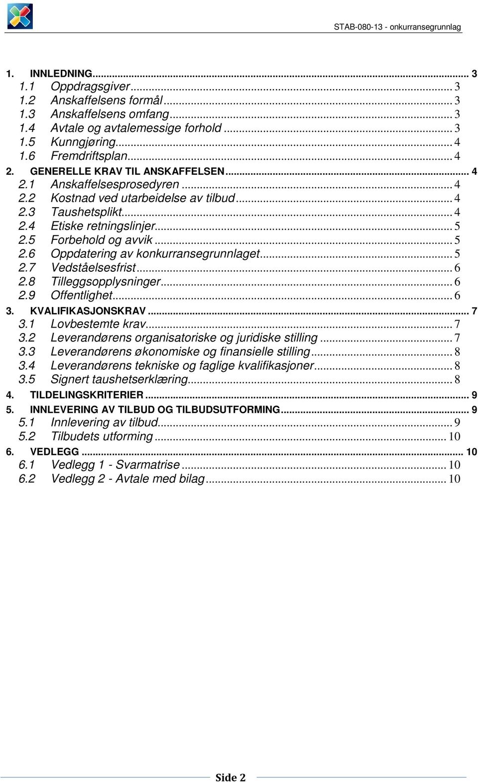 5 Forbehold og avvik... 5 2.6 Oppdatering av konkurransegrunnlaget... 5 2.7 Vedståelsesfrist... 6 2.8 Tilleggsopplysninger... 6 2.9 Offentlighet... 6 3. KVALIFIKASJONSKRAV... 7 3.1 Lovbestemte krav.