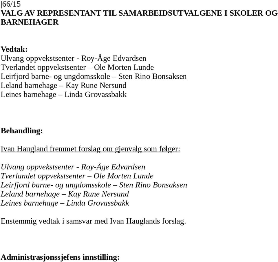 Haugland fremmet forslag om gjenvalg som følger: Ulvang oppvekstsenter - Roy-Åge Edvardsen Tverlandet oppvekstsenter Ole Morten Lunde Leirfjord barne-