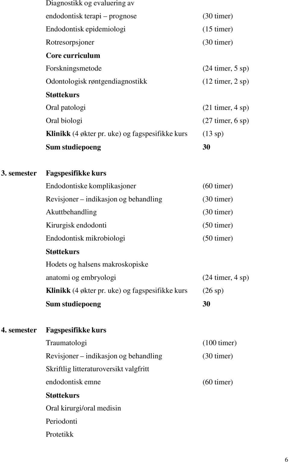 semester Fagspesifikke kurs Endodontiske komplikasjoner Revisjoner indikasjon og behandling Akuttbehandling Kirurgisk endodonti Endodontisk mikrobiologi Hodets og halsens