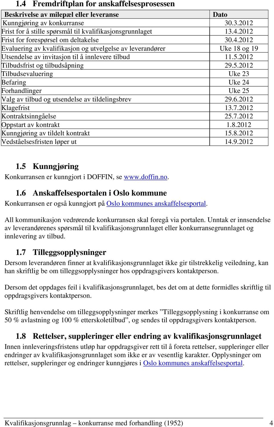 2012 Tilbudsfrist og tilbudsåpning 29.5.2012 Tilbudsevaluering Uke 23 Befaring Uke 24 Forhandlinger Uke 25 Valg av tilbud og utsendelse av tildelingsbrev 29.6.2012 Klagefrist 13.7.