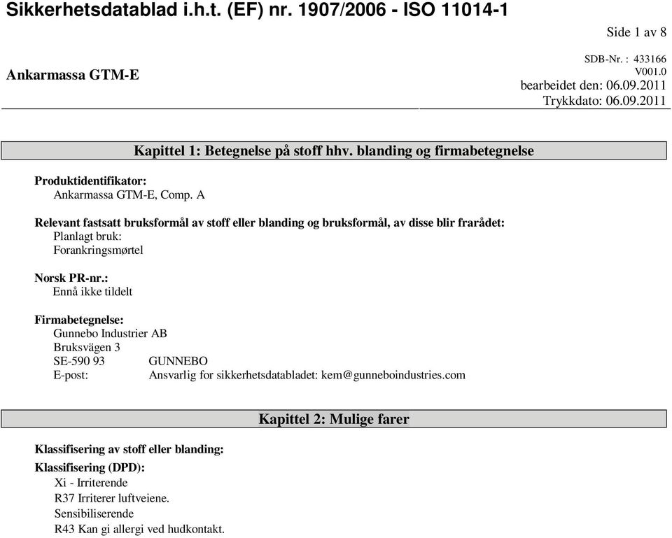 blanding og firmabetegnelse Relevant fastsatt bruksformål av stoff eller blanding og bruksformål, av disse blir frarådet: Planlagt bruk: Forankringsmørtel Norsk PR-nr.