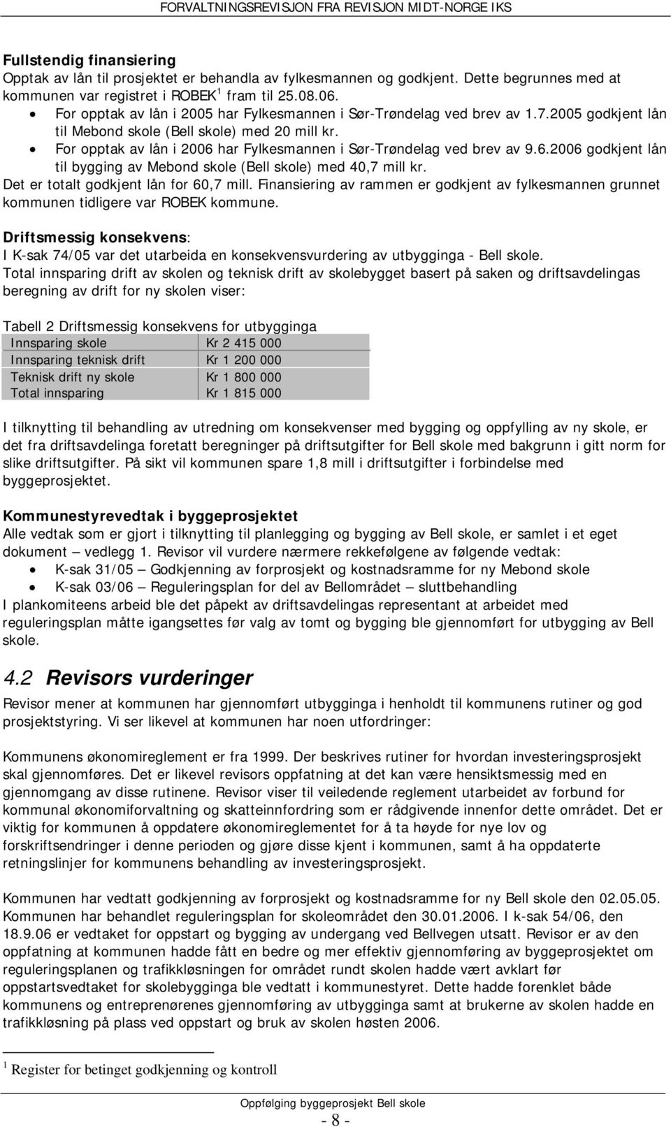 For opptak av lån i 2006 har Fylkesmannen i Sør-Trøndelag ved brev av 9.6.2006 godkjent lån til bygging av Mebond skole (Bell skole) med 40,7 mill kr. Det er totalt godkjent lån for 60,7 mill.