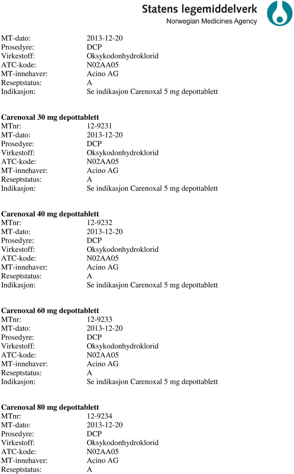 N0205 cino G Se indikasjon arenoxal 5 mg depottablett arenoxal 60 mg depottablett 12-9233 DP