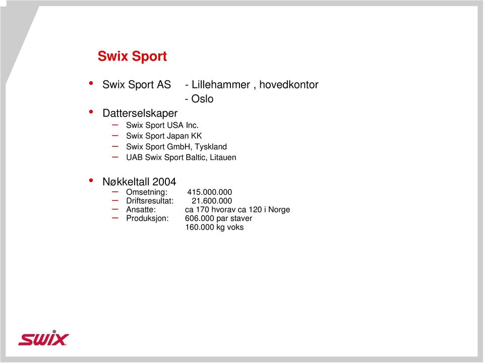 Swix Sport Japan KK Swix Sport GmbH, Tyskland UAB Swix Sport Baltic, Litauen
