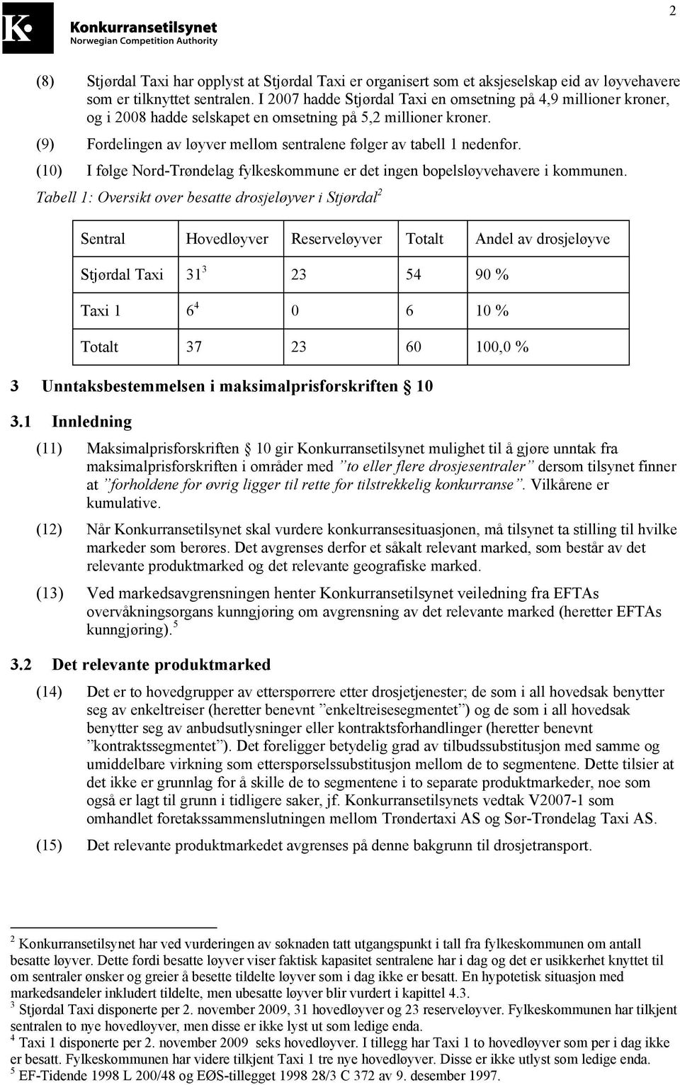 (9) Fordelingen av løyver mellom sentralene følger av tabell 1 nedenfor. (10) I følge Nord-Trøndelag fylkeskommune er det ingen bopelsløyvehavere i kommunen.