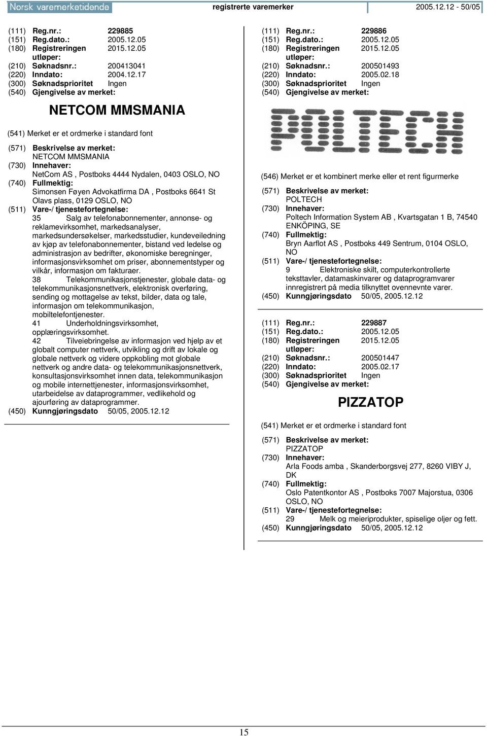 18 NETCOM MMSMANIA NetCom AS, Postboks 4444 Nydalen, 0403 OSLO, Simonsen Føyen Advokatfirma DA, Postboks 6641 St Olavs plass, 0129 OSLO, 35 Salg av telefonabonnementer, annonse- og reklamevirksomhet,