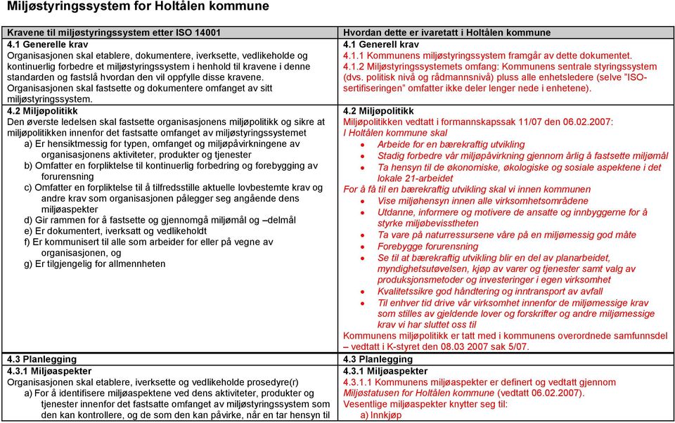 vil oppfylle disse kravene. Organisasjonen skal fastsette og dokumentere omfanget av sitt miljøstyringssystem. 4.