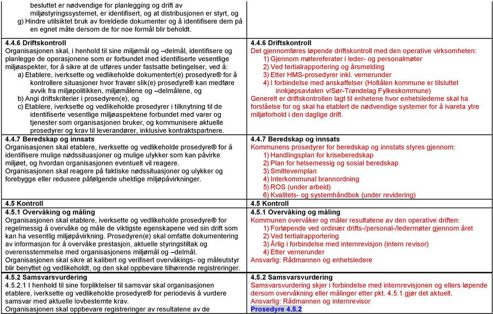 4.6 Driftskontroll Organisasjonen skal, i henhold til sine miljømål og delmål, identifisere og planlegge de operasjonene som er forbundet med identifiserte vesentlige miljøaspekter, for å sikre at de