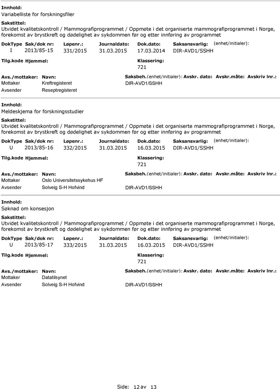 : DR-AVD1/SSHH Reseptregisteret Meldeskjema for forskningsstudier tvidet kvalitetskontroll / Mammografiprogrammet / Oppmøte i det organiserte mammografiprogrammet i Norge, 2013/85-16 332/2015 16.03.