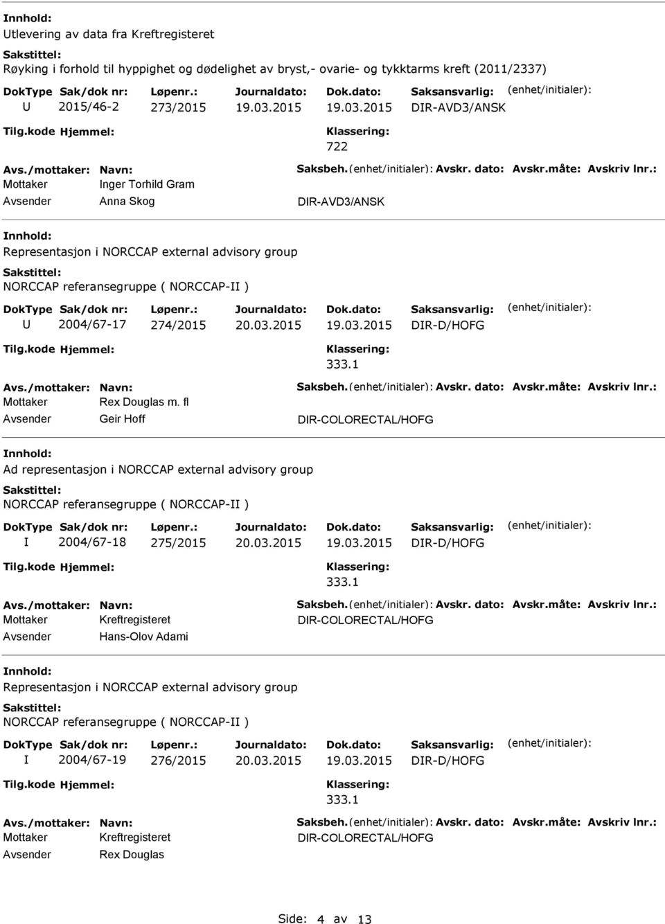 03.2015 DR-D/HOFG 333.1 Avs./mottaker: Navn: Saksbeh. Avskr. dato: Avskr.måte: Avskriv lnr.: Mottaker Rex Douglas m.