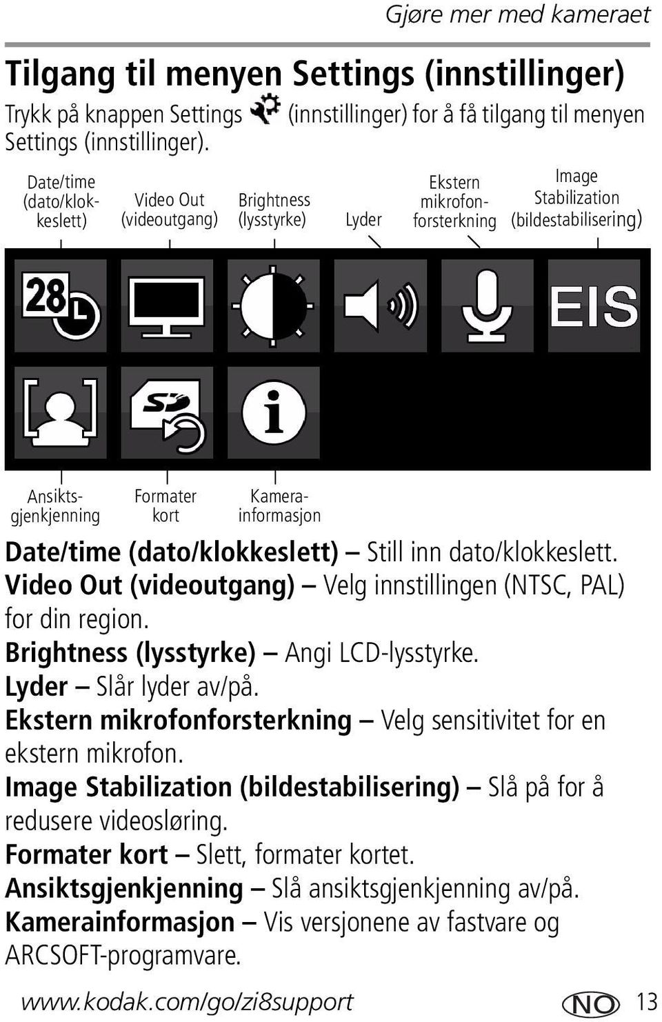 Ansiktsgjenkjenning Formater kort Ekstern mikrofonforsterkning Date/time (dato/klokkeslett) Still inn dato/klokkeslett. Video Out (videoutgang) Velg innstillingen (NTSC, PAL) for din region.