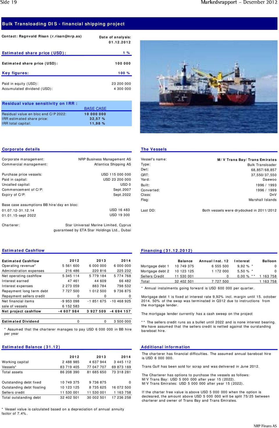 sensitivity on IRR : BASE CASE Residual value en bloc end C/P 2022: 10 000 000 IRR estimated share price: 32,57 % IRR total capital: 11,98 % Corporate details The Vessels Corporate management: NRP