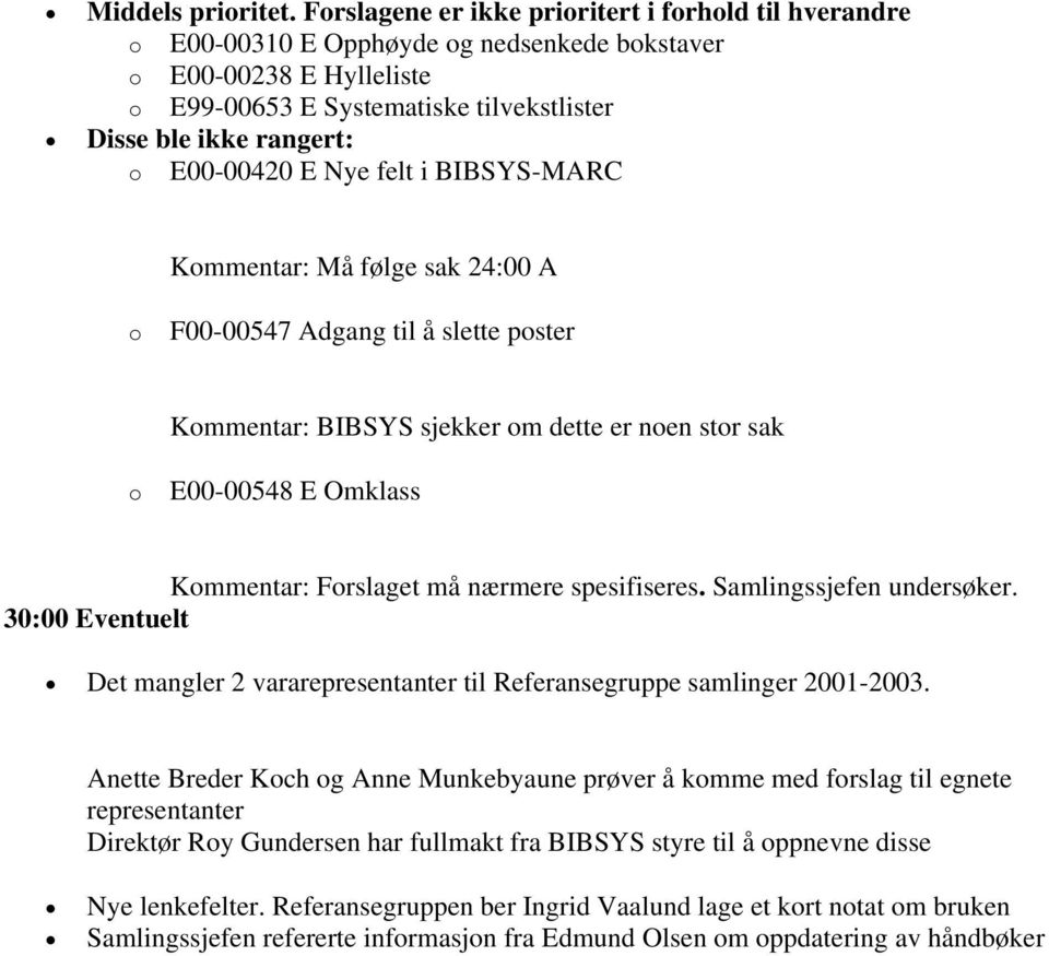 E00-00420 E Nye felt i BIBSYS-MARC Kommentar: Må følge sak 24:00 A o F00-00547 Adgang til å slette poster Kommentar: BIBSYS sjekker om dette er noen stor sak o E00-00548 E Omklass Kommentar: