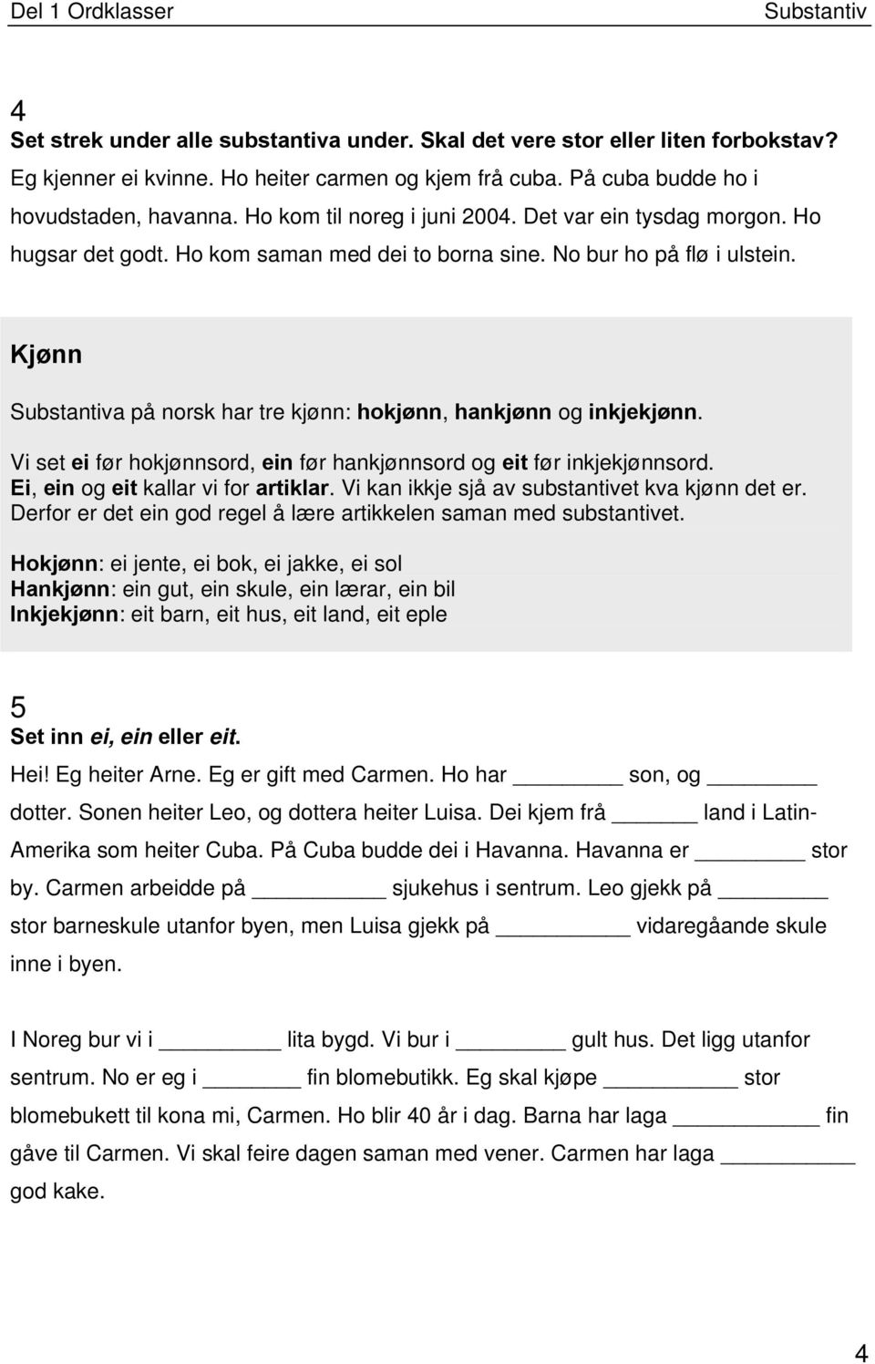 Kjønn a på norsk har tre kjønn: hokjønn, hankjønn og inkjekjønn. Vi set ei før hokjønnsord, ein før hankjønnsord og eit før inkjekjønnsord. Ei, ein og eit kallar vi for artiklar.