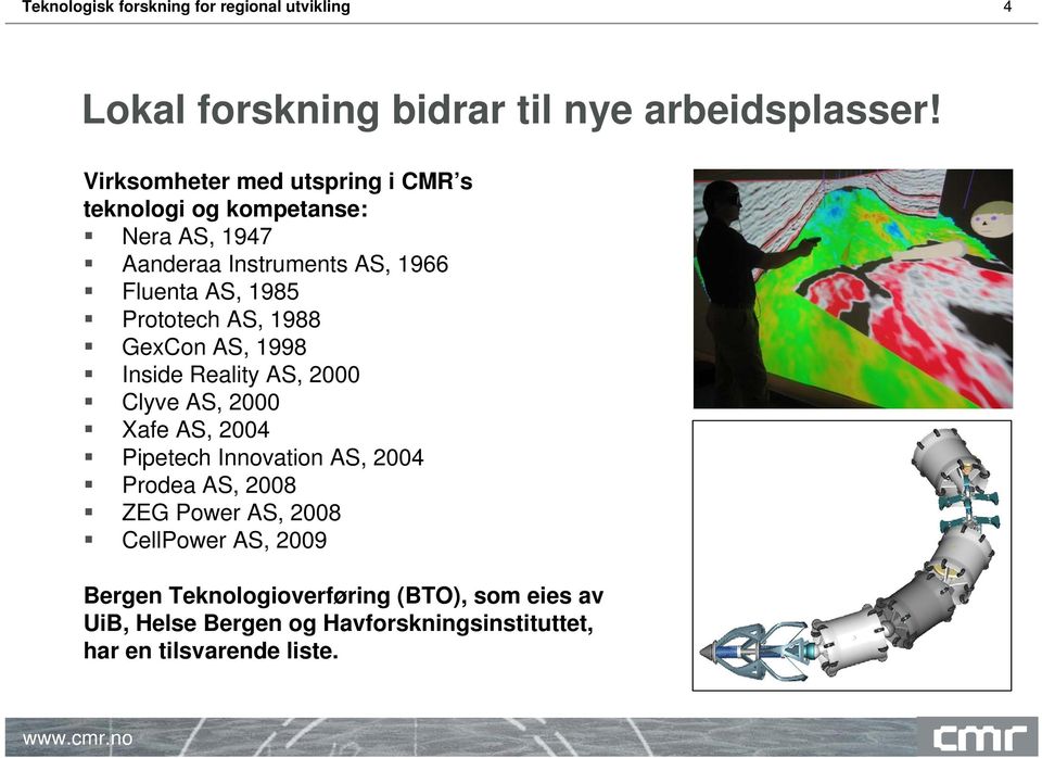 Prototech AS, 1988 GexCon AS, 1998 Inside Reality AS, 2000 Clyve AS, 2000 Xafe AS, 2004 Pipetech Innovation AS, 2004 Prodea