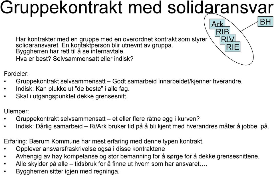 Skal i utgangspunktet dekke grensesnitt. Ulemper: Gruppekontrakt selvsammensatt et eller flere råtne egg i kurven?