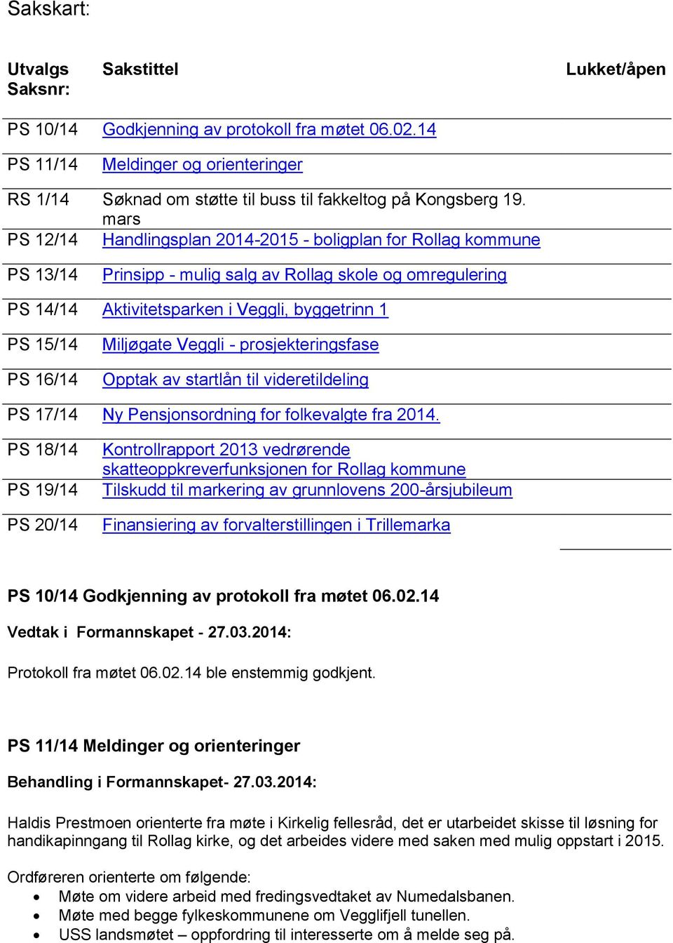 mars PS 12/14 Handlingsplan 2014-2015 - boligplan for Rollag kommune PS 13/14 Prinsipp - mulig salg av Rollag skole og omregulering PS 14/14 Aktivitetsparken i Veggli, byggetrinn 1 PS 15/14 PS 16/14