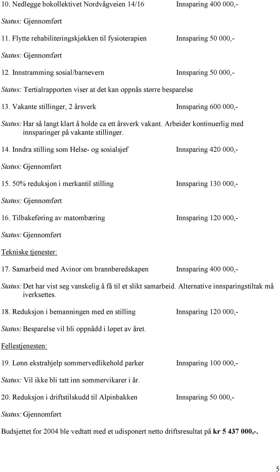 Vakante stillinger, 2 årsverk Innsparing 600 000,- Status: Har så langt klart å holde ca ett årsverk vakant. Arbeider kontinuerlig med innsparinger på vakante stillinger. 14.