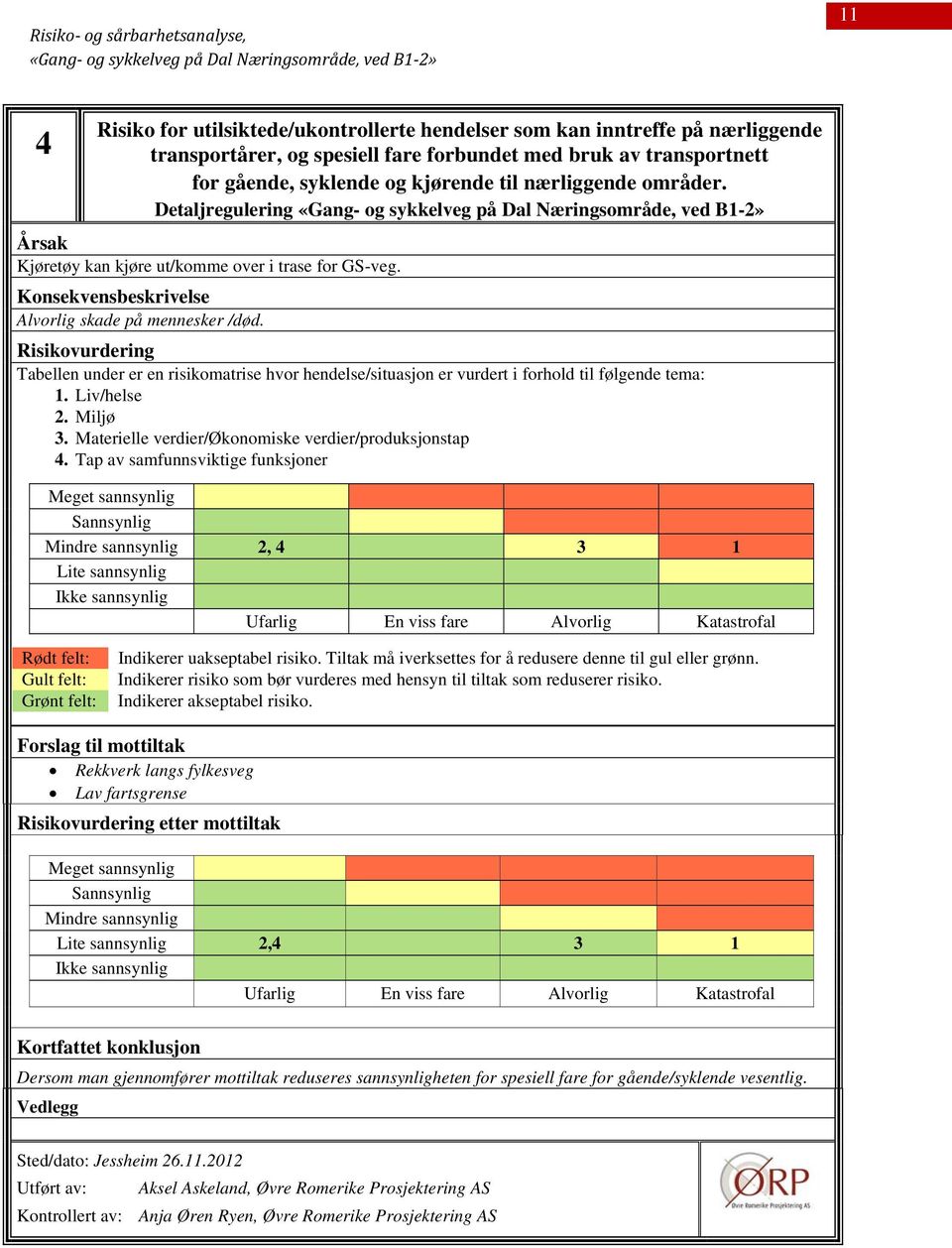 Konsekvensbeskrivelse Alvorlig skade på mennesker /død. Risikovurdering Tabellen under er en risikomatrise hvor hendelse/situasjon er vurdert i forhold til følgende tema: 1. Liv/helse 2. Miljø 3.