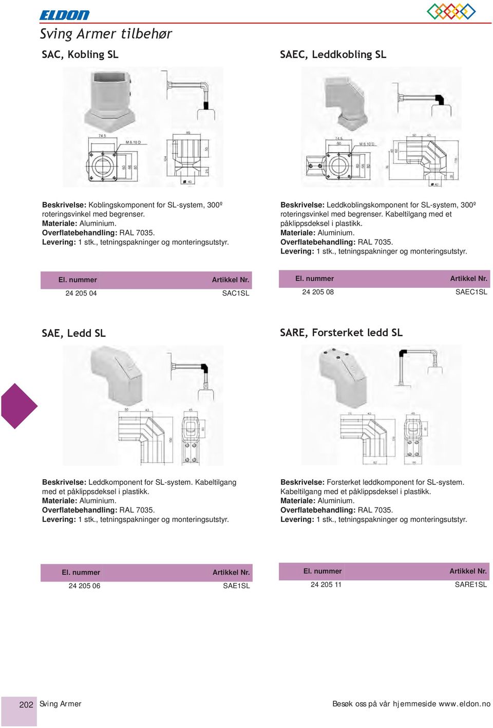 Kabeltilgang med et 24 205 04 SAC1SL 24 205 08 SAEC1SL SAE, Ledd SL SARE, Forsterket ledd SL Beskrivelse: Leddkomponent for SL-system.