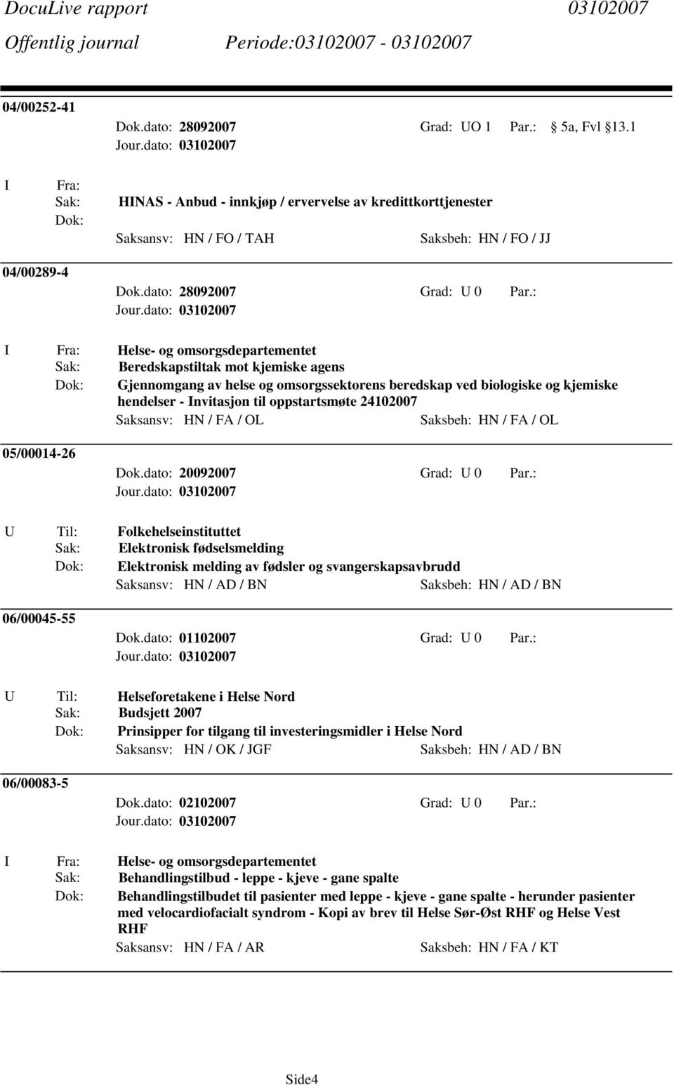 : Beredskapstiltak mot kjemiske agens Gjennomgang av helse og omsorgssektorens beredskap ved biologiske og kjemiske hendelser - Invitasjon til oppstartsmøte 24102007 Saksansv: HN / FA / OL Saksbeh: