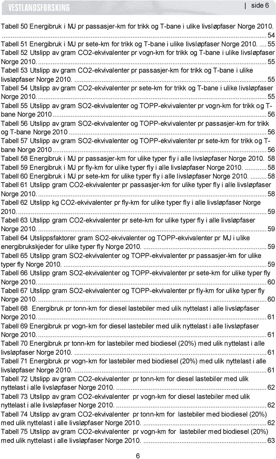 ... 55 Tabell 53 Utslipp av gram CO2-ekvivalenter pr passasjer-km for trikk og T-bane i ulike livsløpfaser Norge 2010.