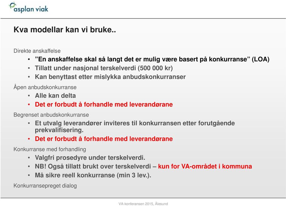 mislykka anbudskonkurranser Åpen anbudskonkurranse Alle kan delta Det er forbudt å forhandle med leverandørane Begrenset anbudskonkurranse Et utvalg leverandører