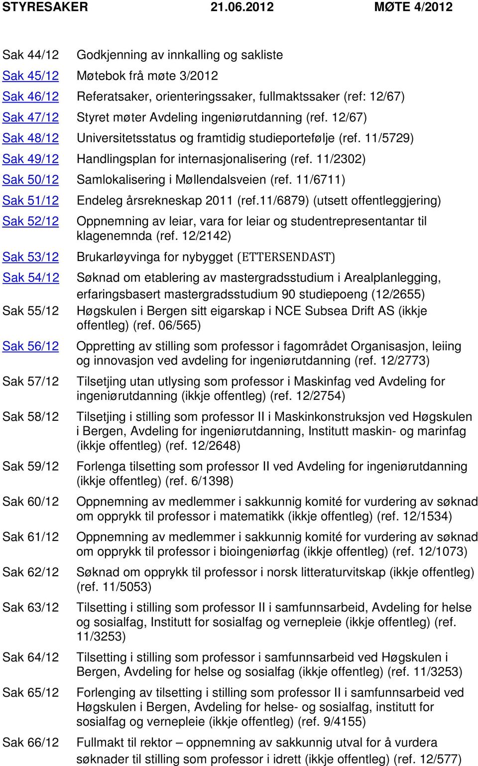 Avdeling ingeniørutdanning (ref. 12/67) Sak 48/12 Universitetsstatus og framtidig studieportefølje (ref. 11/5729) Sak 49/12 Handlingsplan for internasjonalisering (ref.