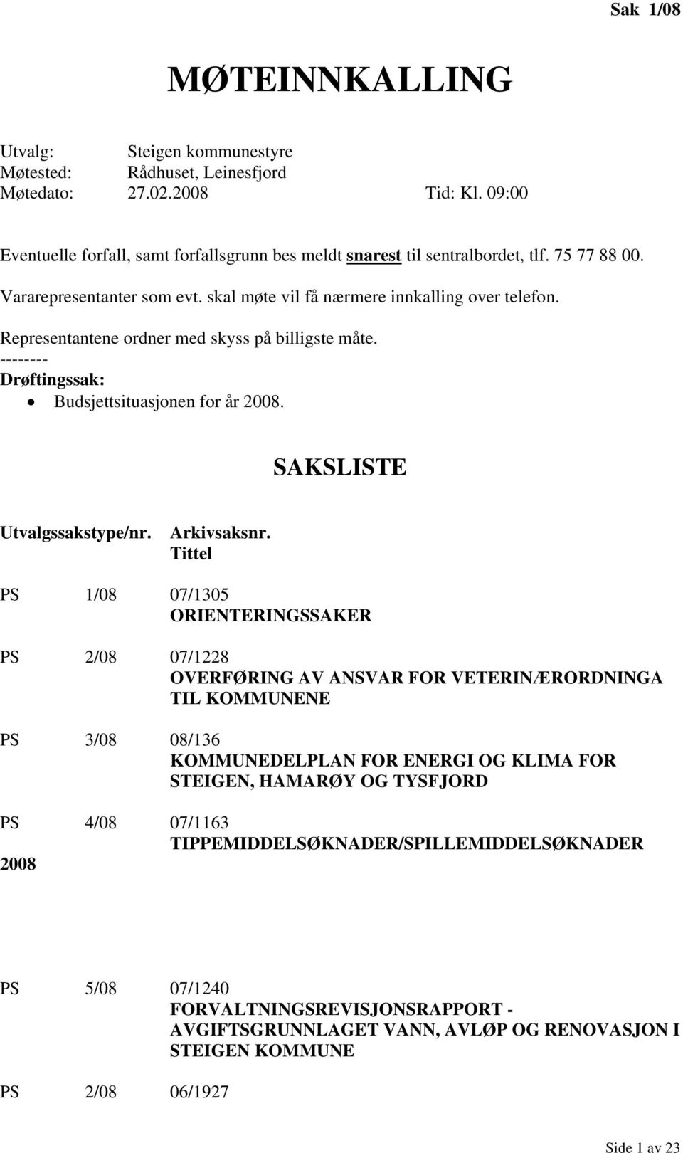 SAKSLISTE Utvalgssakstype/nr. Arkivsaksnr.