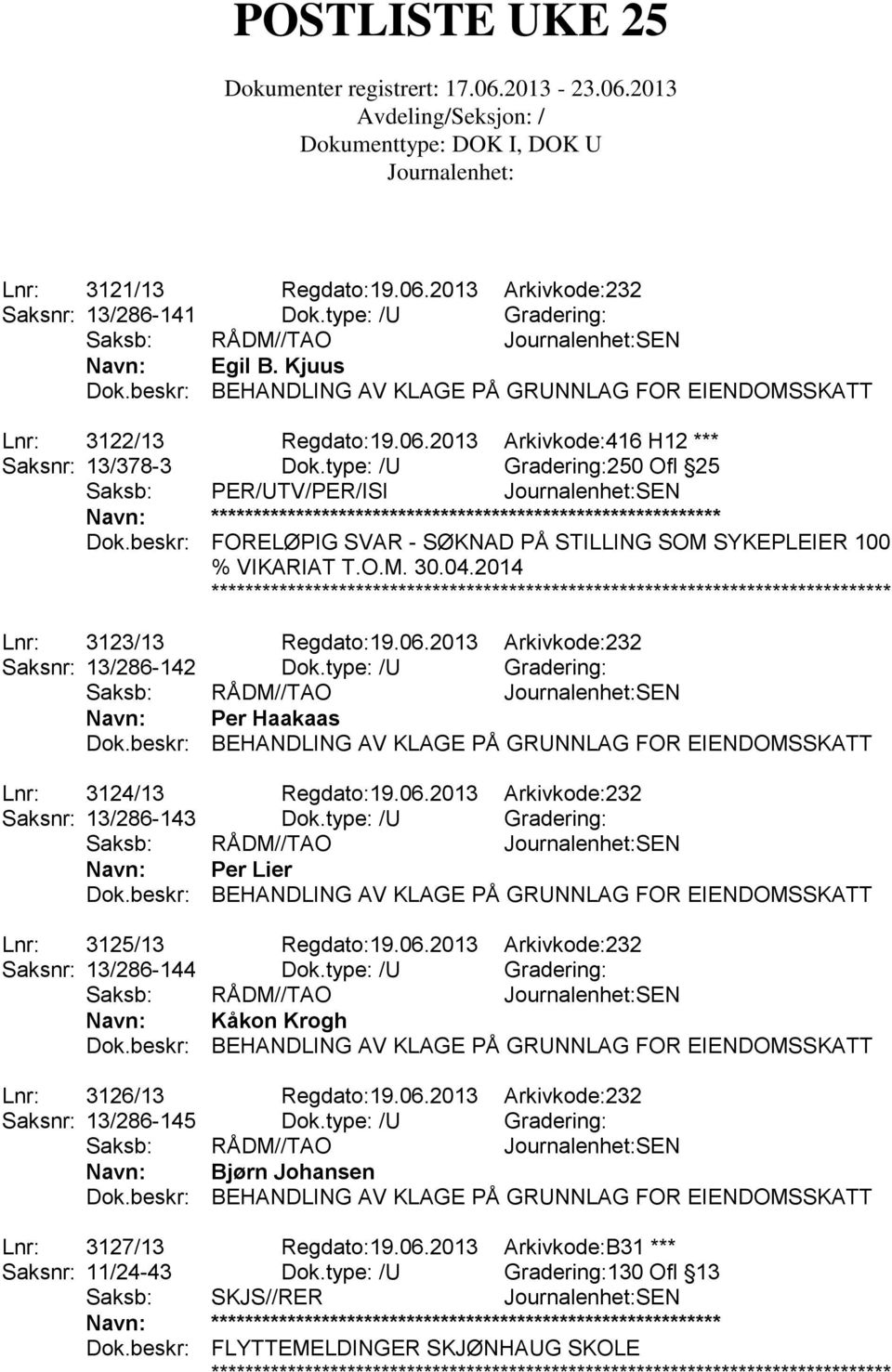 2013 Arkivkode:232 Saksnr: 13/286-142 Dok.type: /U Gradering: Navn: Per Haakaas Dok.beskr: BEHANDLING AV KLAGE PÅ GRUNNLAG FOR EIENDOMSSKATT Lnr: 3124/13 Regdato:19.06.