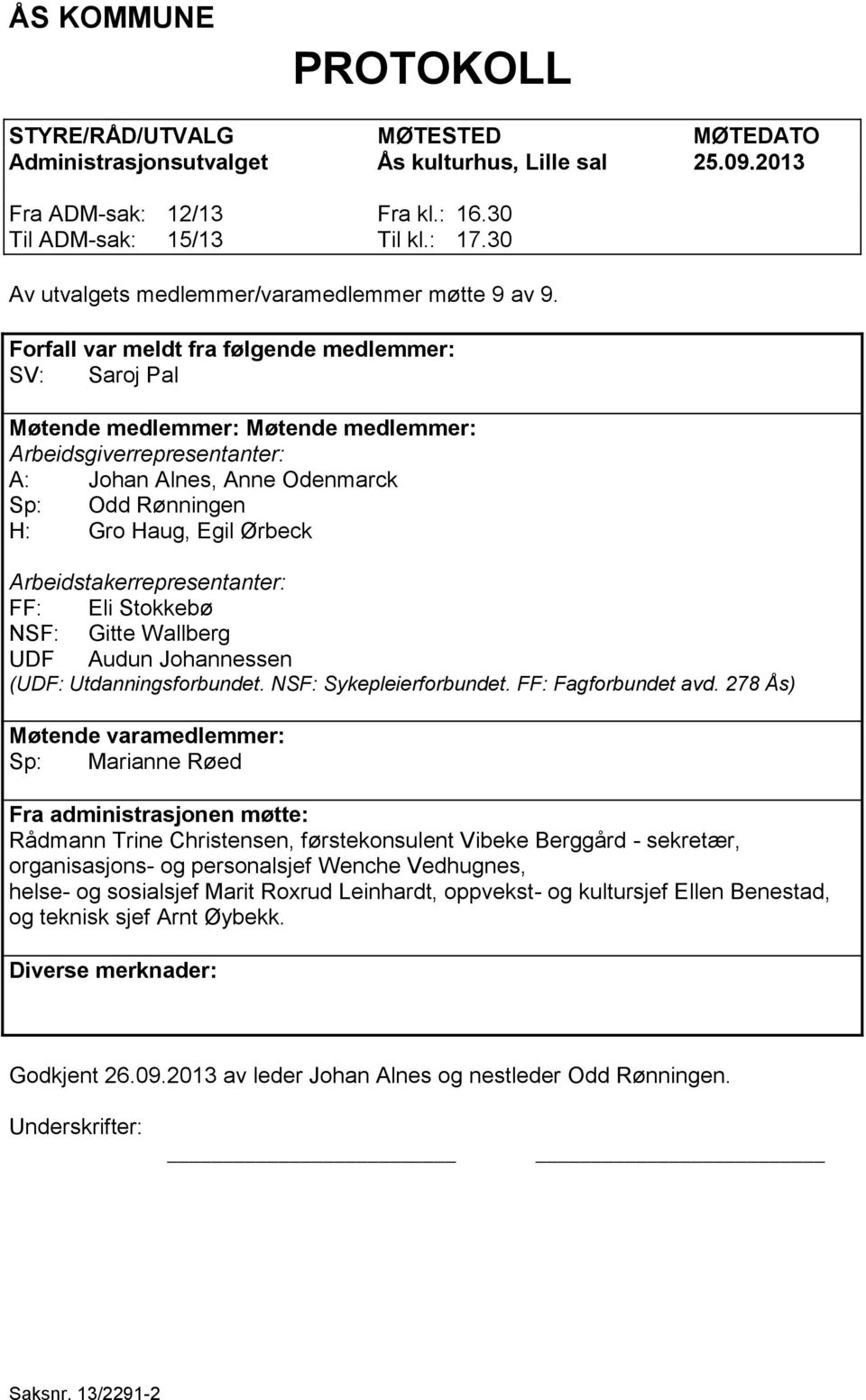 Forfall var meldt fra følgende medlemmer: SV: Saroj Pal Møtende medlemmer: Møtende medlemmer: Arbeidsgiverrepresentanter: A: Johan Alnes, Anne Odenmarck Sp: Odd Rønningen H: Gro Haug, Egil Ørbeck