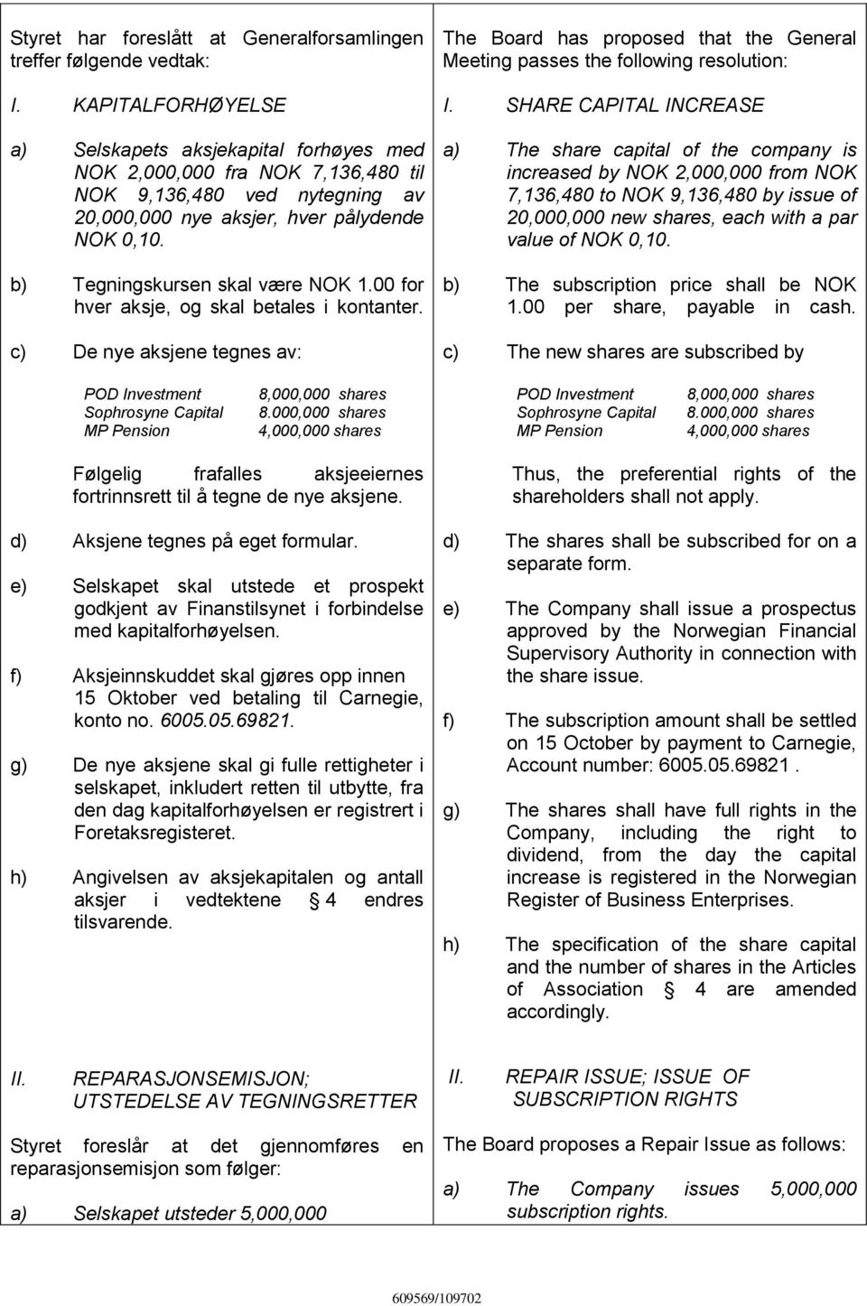 b) Tegningskursen skal være NOK 1.00 for hver aksje, og skal betales i kontanter. c) De nye aksjene tegnes av: The Board has proposed that the General Meeting passes the following resolution: I.