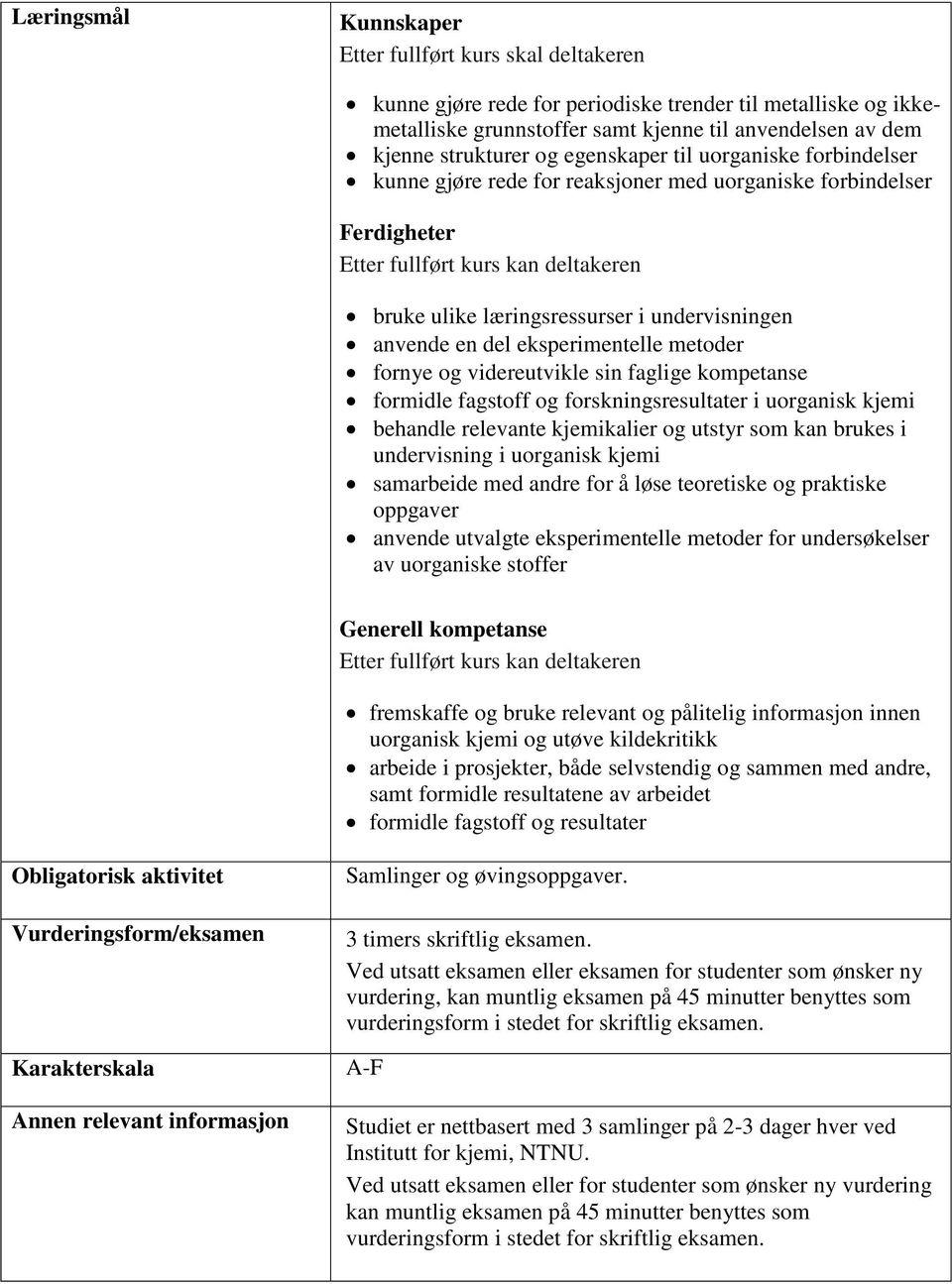 fornye og videreutvikle sin faglige kompetanse formidle fagstoff og forskningsresultater i uorganisk kjemi behandle relevante kjemikalier og utstyr som kan brukes i undervisning i uorganisk kjemi