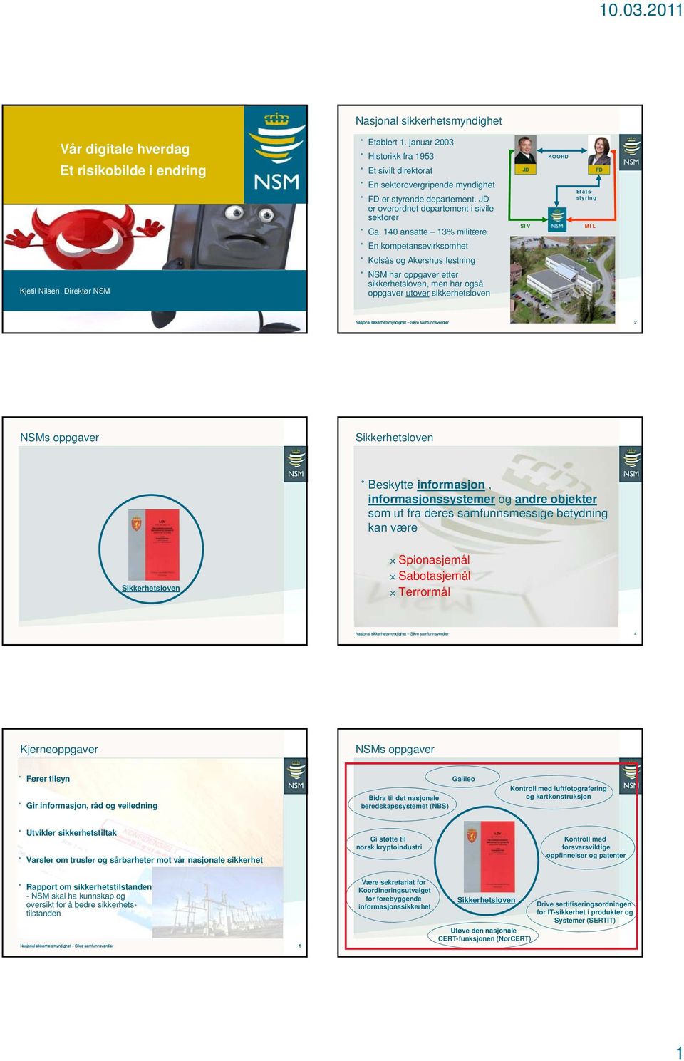 140 ansatte 13% militære SIV MIL En kompetansevirksomhet Kolsås og Akershus festning Kjetil Nilsen, Direktør NSM NSM har oppgaver etter sikkerhetsloven, men har også oppgaver utover sikkerhetsloven