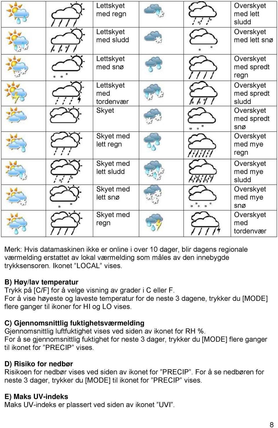 lokal værmelding som måles av den innebygde trykksensoren. Ikonet LOCAL vises. B) Høy/lav temperatur Trykk på [C/F] for å velge visning av grader i C eller F.