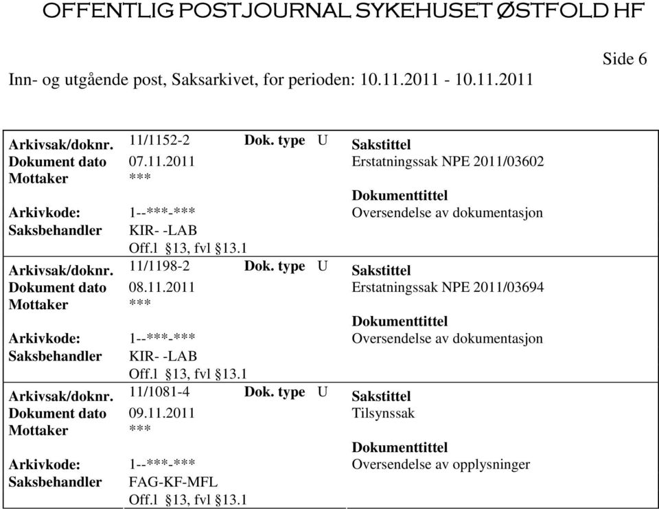 2011 Erstatningssak NPE 2011/03602 Arkivsak/doknr. 11/1198-2 Dok.