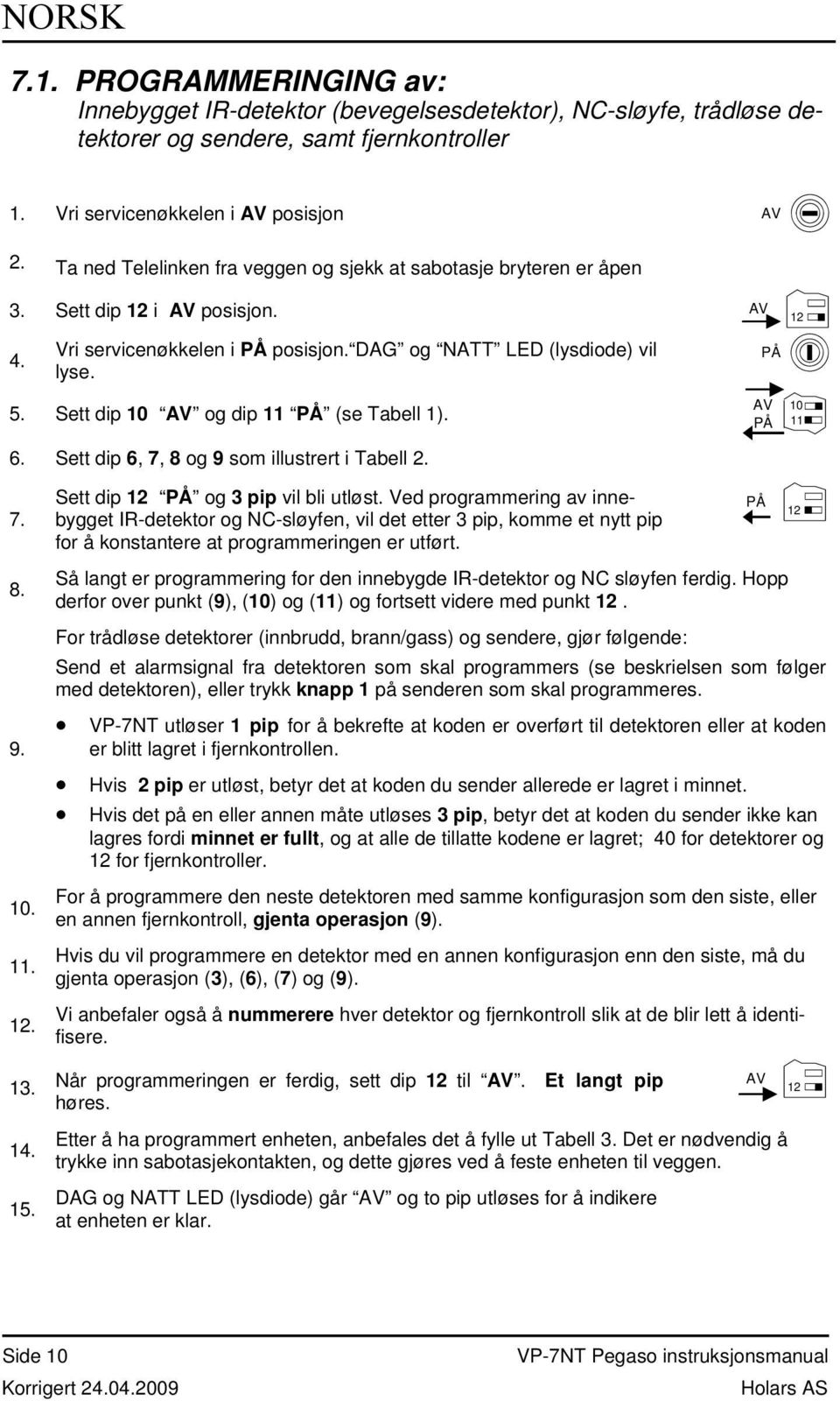 Sett dip 10 og dip 11 (se Tabell 1). 10 11 6. Sett dip 6, 7, 8 og 9 som illustrert i Tabell 2. 7. Sett dip og 3 pip vil bli utløst.