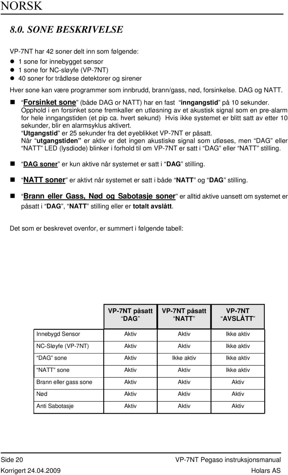 Opphold i en forsinket sone fremkaller en utløsning av et akustisk signal som en pre-alarm for hele inngangstiden (et pip ca.