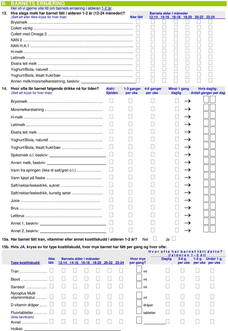 Ekstra lett melk Yoghurt/Biola, naturell Yoghurt/Biola, tilsatt frukt/bær...... Annen melk/morsmelkerstatning, beskriv: 14. Hvor ofte får barnet følgende drikke nå for tiden?