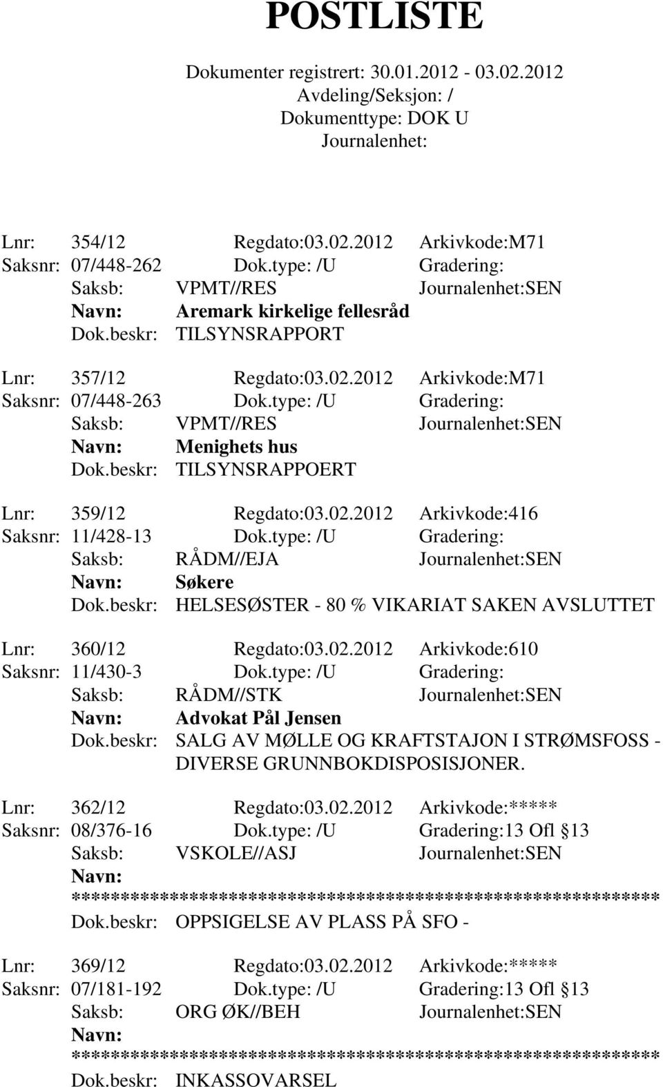 type: /U Gradering: Saksb: RÅDM//EJA SEN Søkere Dok.beskr: HELSESØSTER - 80 % VIKARIAT SAKEN AVSLUTTET Lnr: 360/12 Regdato:03.02.2012 Arkivkode:610 Saksnr: 11/430-3 Dok.