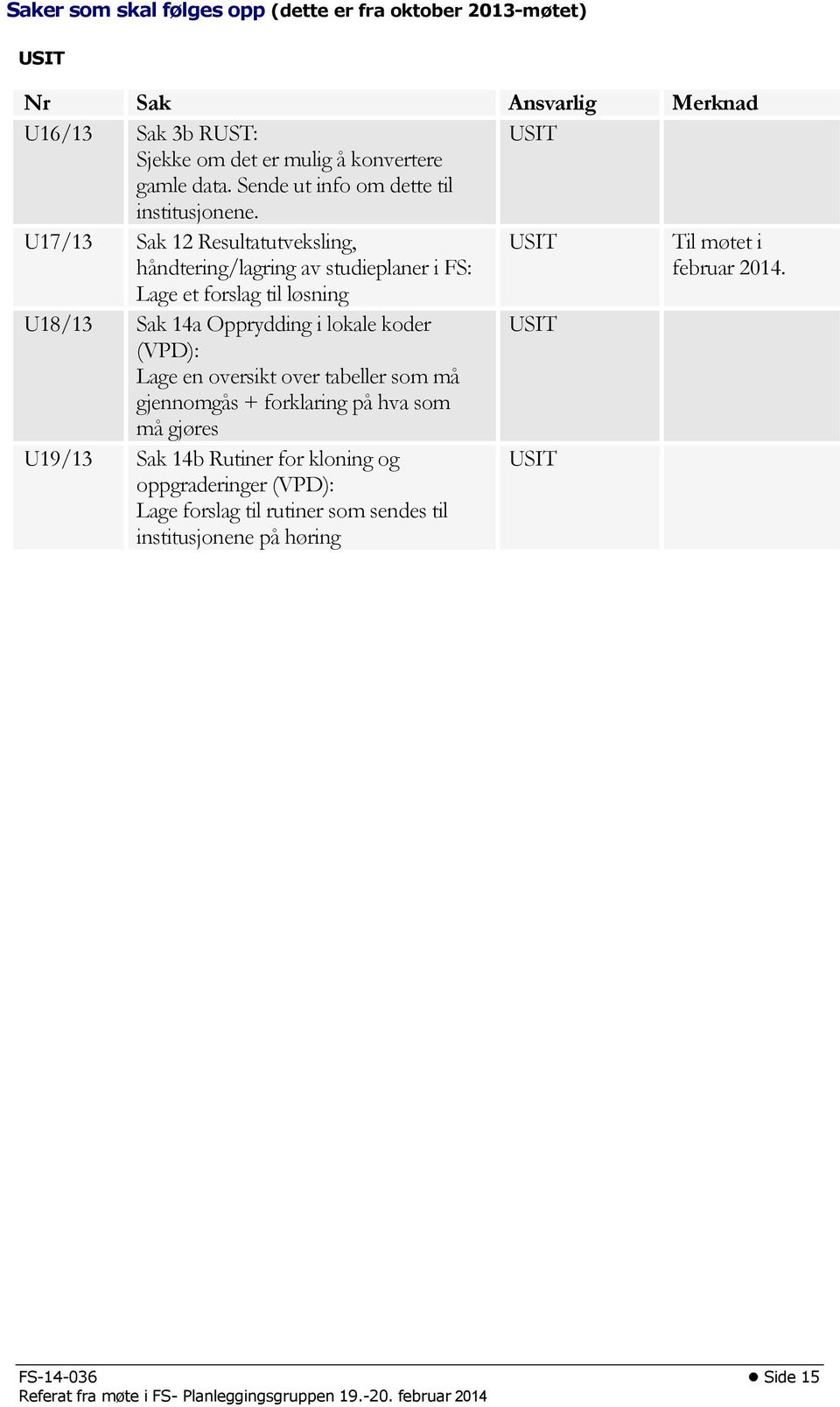 U17/13 Sak 12 Resultatutveksling, håndtering/lagring av studieplaner i FS: Til møtet i februar 2014.
